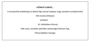 Szöveges megemlékezés elhunyt kolléganőről